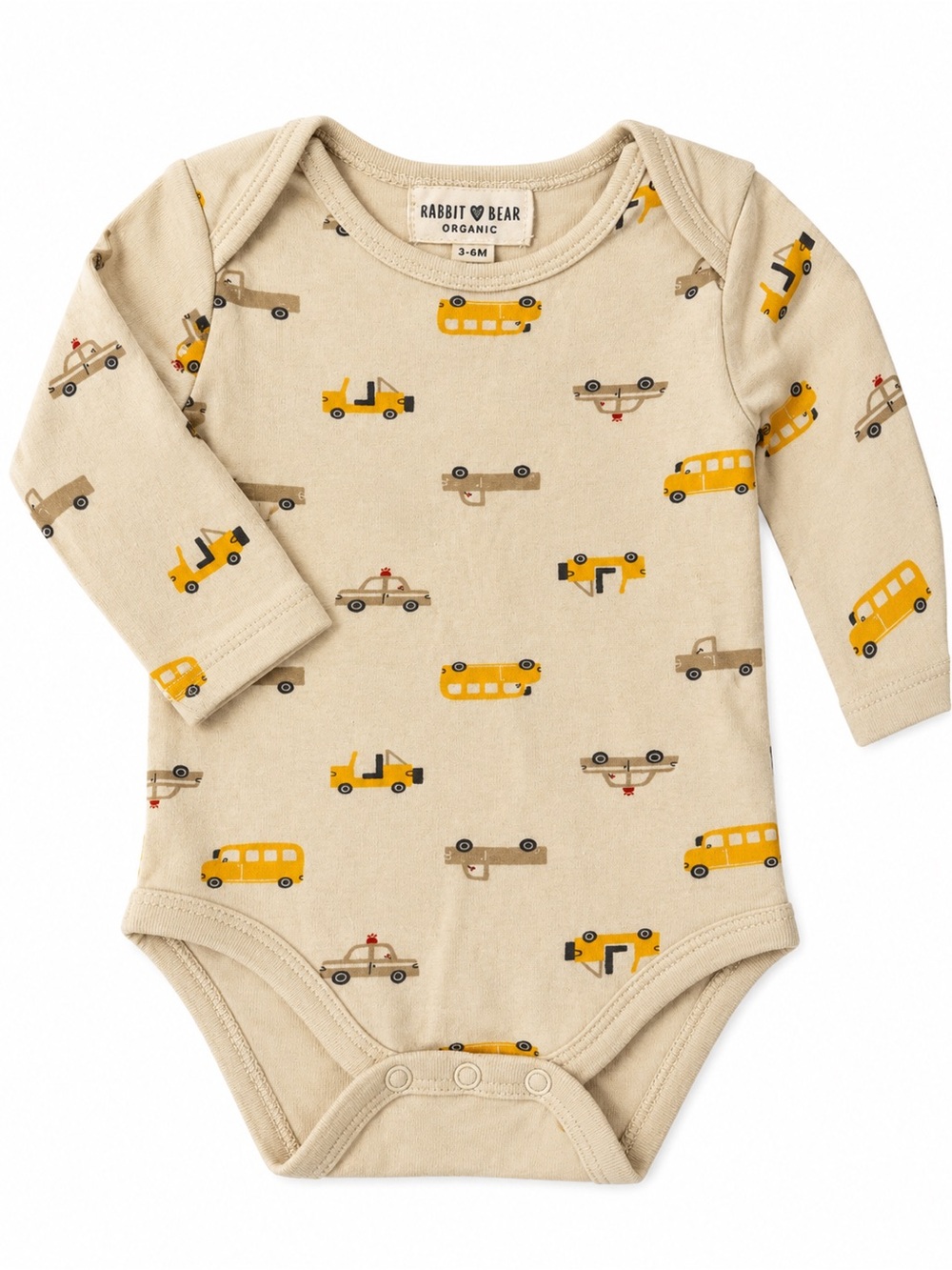 Rabbit & Bear Organic Beige Car-Print Baby One-Piece Bodysuit